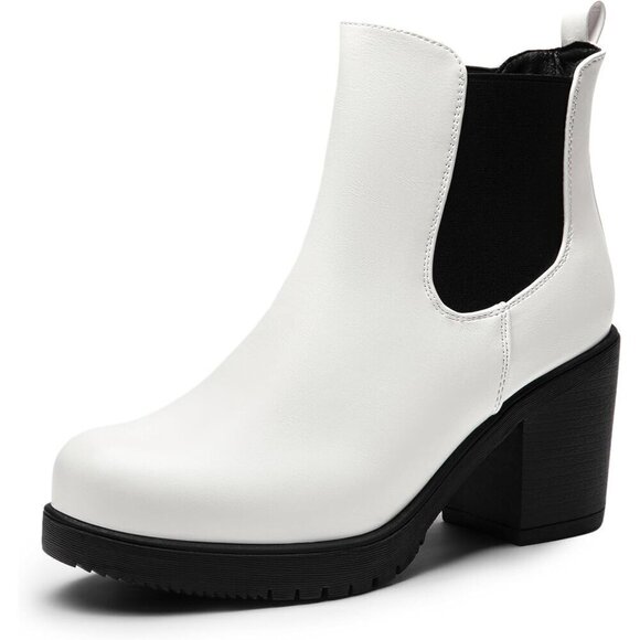 DREAM PAIRS Women's High Chunky Heel White/Black Textile Booties Shoes - Picture 1 of 5